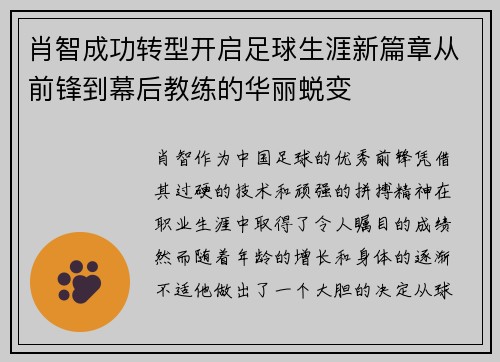 肖智成功转型开启足球生涯新篇章从前锋到幕后教练的华丽蜕变