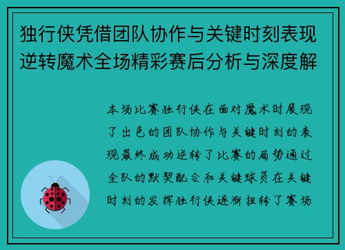 独行侠凭借团队协作与关键时刻表现逆转魔术全场精彩赛后分析与深度解读